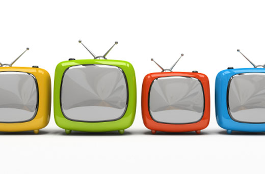 Four colorful television sets isolated on white background